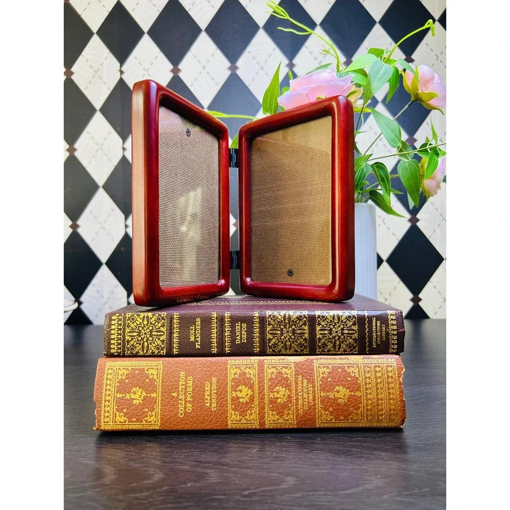 Vintage Bi-Fold, Hinged Teak‎ Wood Double Photo Frame Folding Tabletop Decor